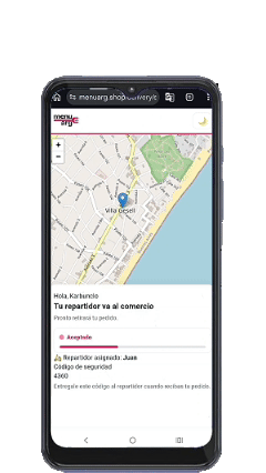 Animación del seguimiento de delivery de MenuArg: mapa, repartidor asignado y código de seguridad