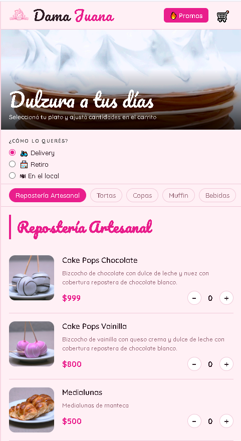 Demo de Dama Juana: menú de repostería artesanal