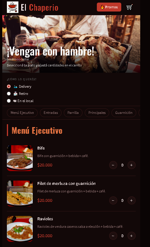 Demo de El Chaperío: menú ejecutivo y parrilla